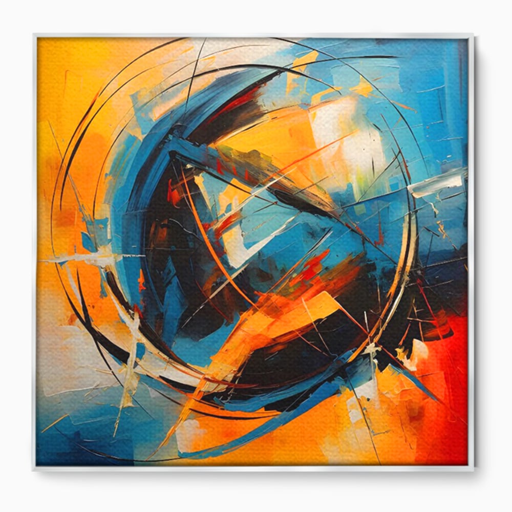 Tablou canvas cu pictura abstracta cu cercuri si linii, in rama de aluminiu argintiu